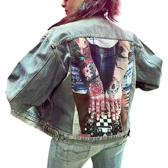 Diesel x Madz tattoo Custom Denim Jacket XXL Rock Gothcore Bikercore Plus Size - Picture 3 of 17